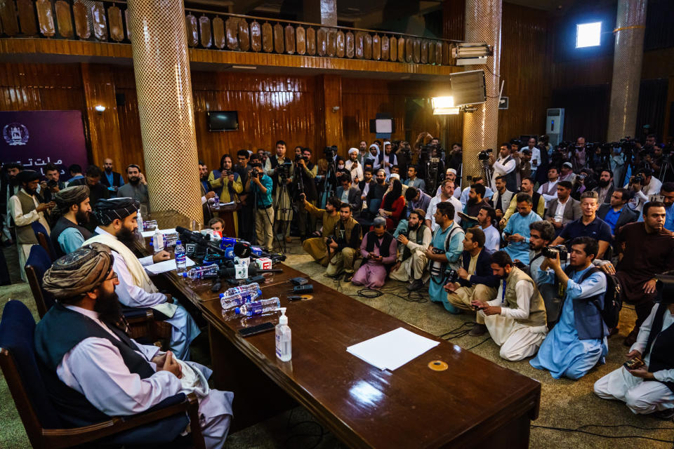 The Taliban spokesperson sought to address concerns about the group's reputation with women's education, appearance and rights, television music and executions, during a press conference in Kabul, Afghanistan. Source: Getty