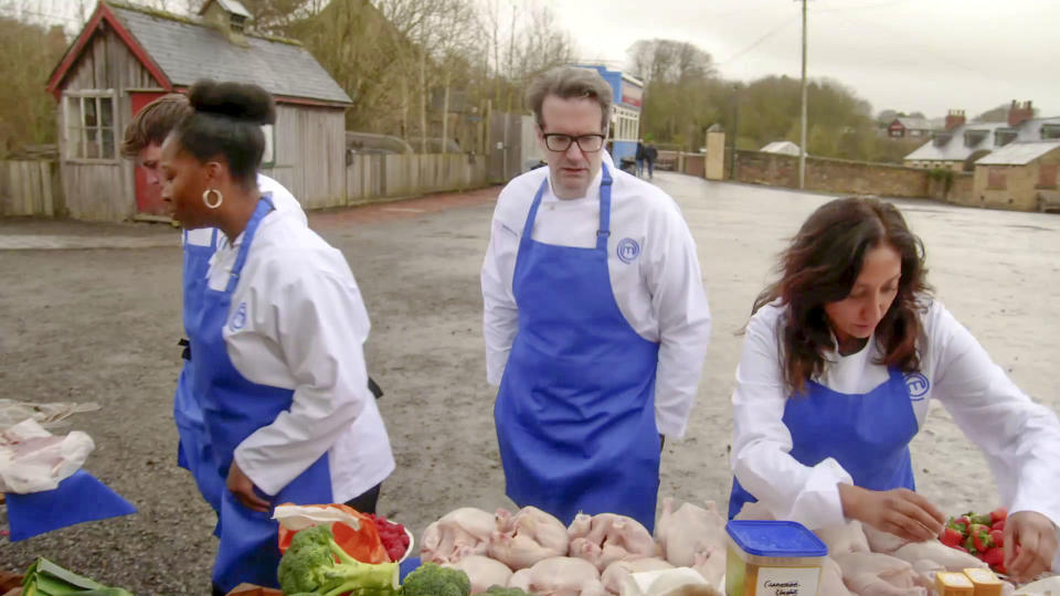 The blue team selecting ingredients in Celebrity MasterChef 2023