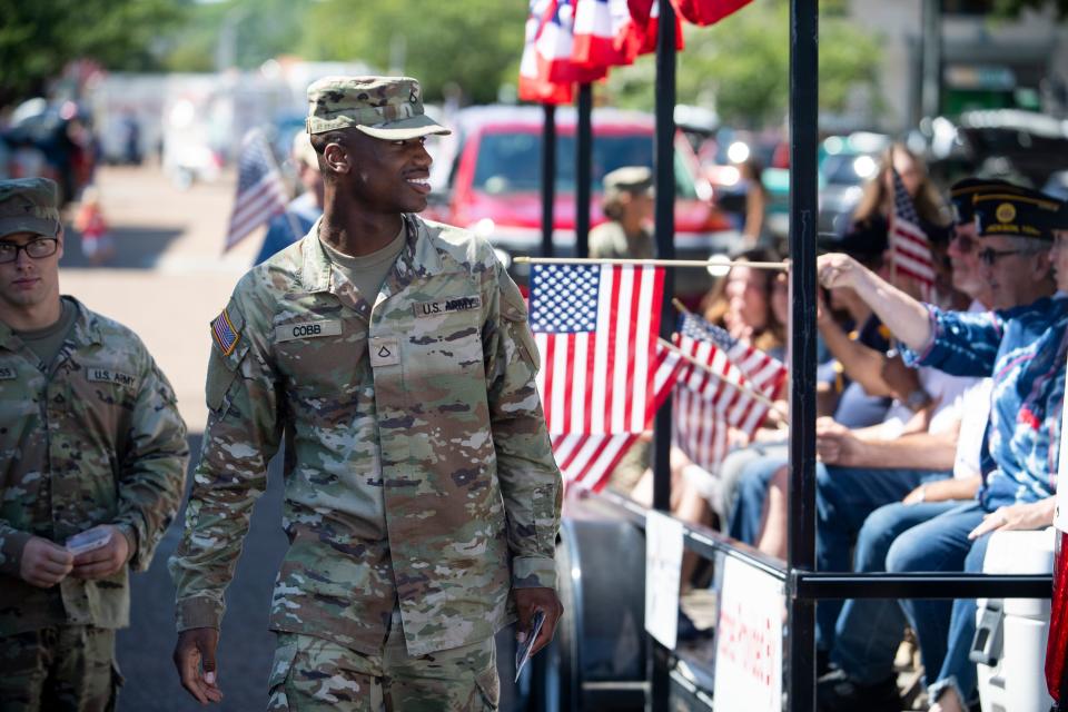 Veterans and active members of the military walk with the West Tennessee Veterans Coalition during the Celebration Parade as part of the Jackson-Madison County Bicentennial on Saturday, August 13, 2022, in Jackson, Tenn. 