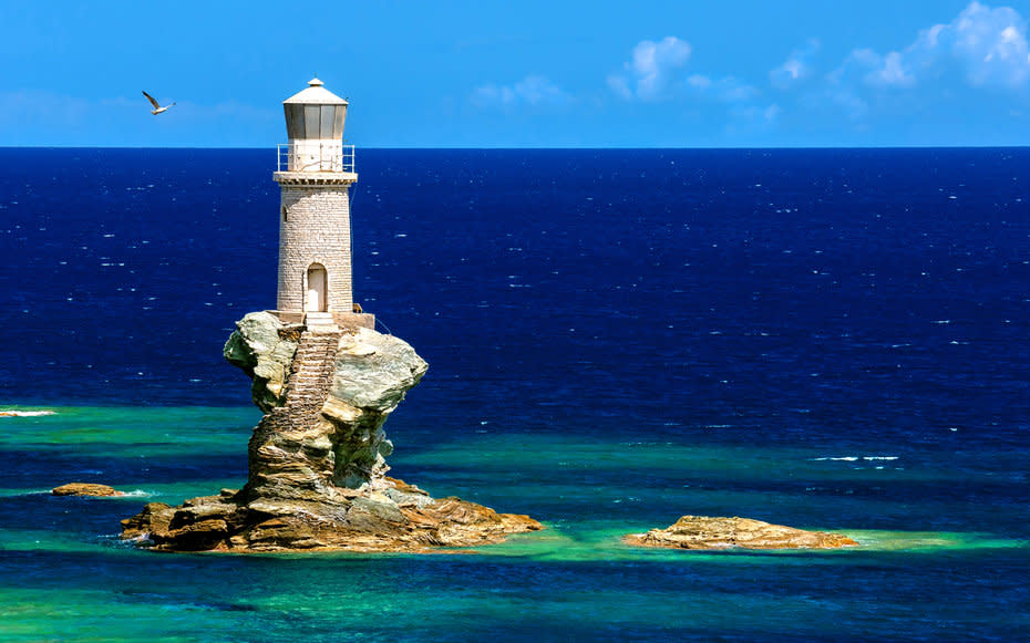 <p>This lighthouse, atop a stone spire near the Greek isle of Andros, was initially built in 1897. The original lighthouse was destroyed in World War II, but a new beacon was constructed atop the rock in the early 1990s.</p>