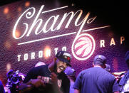 TORONTO, ON- JUNE 13 - Drake celebrates. Toronto fans watch, worry and celebrate at Jurassic park as the Toronto Raptors beat the Golden State Warriors in game six to win the NBA Championship at Oracle Arena in Oakland outside at Scotiabank Arena in Toronto. June 13, 2019. (Steve Russell/Toronto Star via Getty Images)