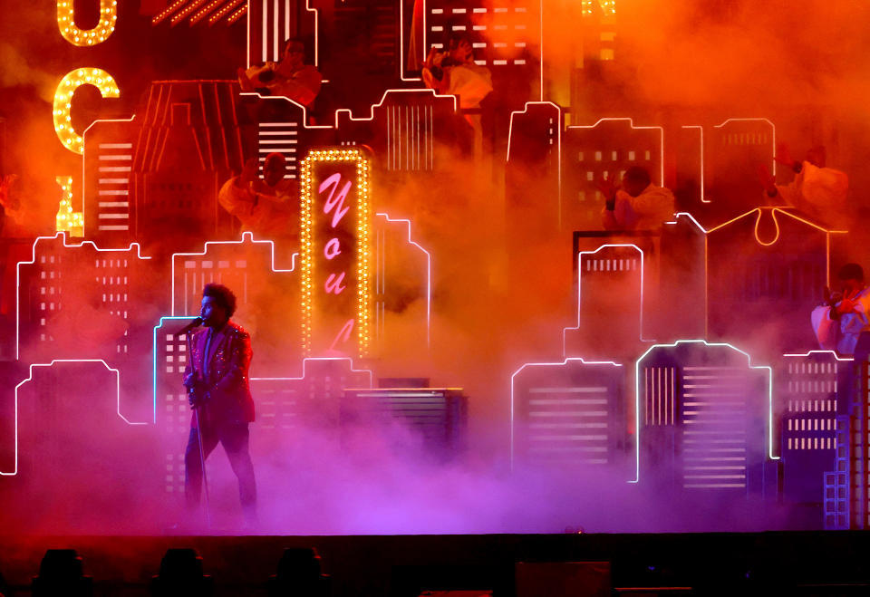 <p>TAMPA, FLORIDA - FEBRUARY 07: The Weeknd performs during the Pepsi Super Bowl LV Halftime Show at Raymond James Stadium on February 07, 2021 in Tampa, Florida. (Photo by Kevin C. Cox/Getty Images)</p> 