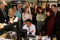 THE OFFICE -- "Promos" Episode 918 -- Pictured: (l-r) Creed Bratton as Creed Bratton, Angela Kinsey as Angela Martin, Phyllis Smith as Phyllis Vance, Ed Helms as Andy Bernard, Jenna Fischer as Pam Beesly Halpert, Brian Baumgartner as Kevin Malone, Oscar Nunez as Oscar Martinez, Catherine Tate as Nellie Bertram, Ellie Kemper as Erin Hannon, Leslie David Baker as Stanley Hudson, Kate Flannery as Meredith Palmer, Paul Lieberstein as Toby Flenderson-- (Photo by: Tyler Golden/NBCU Photo Bank/NBCUniversal via Getty Images via Getty Images)