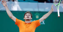 Tennis - Monte Carlo Masters - Monaco, 21/04/2017. David Goffin of Belgium reacts after defeating Novak Djokovic of Serbia. REUTERS/Eric Gaillard