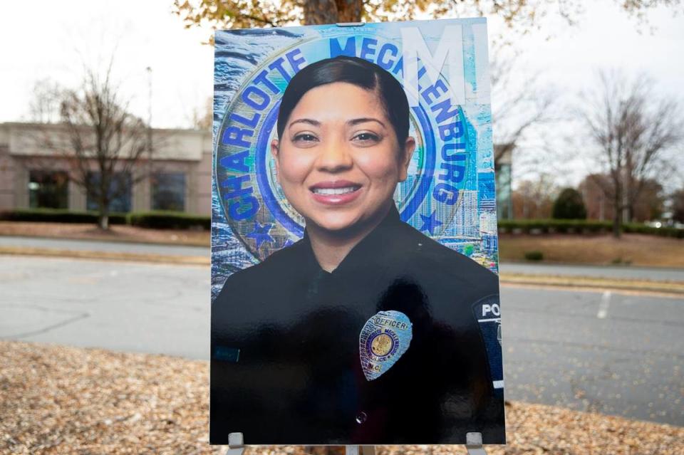 A portrait of Officer Mia Goodwin is displayed during the Mia Goodwin Memorial Service in Charlotte, NC on November 17, 2023. Isaiah Vazquez/© THE CHARLOTTE OBSERVER