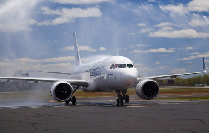 An Airbus jet testing Pratt & Whitney engines