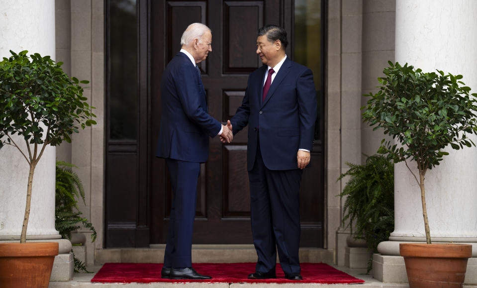 President Joe Biden greets China's President President Xi Jinping at the Filoli Estate in Woodside, Calif., Wednesday, Nov, 15, 2023, on the sidelines of the Asia-Pacific Economic Cooperative conference. (Doug Mills/The New York Times via AP, Pool)