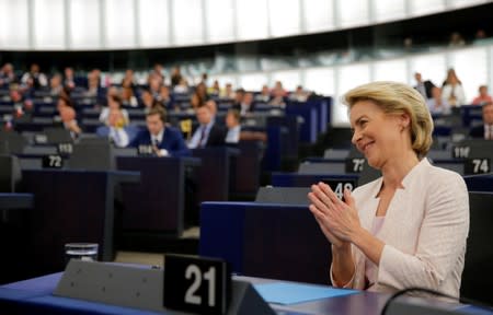 Elected European Commission President Ursula von der Leyen reacts after a vote on her election at the European Parliament in Strasbourg