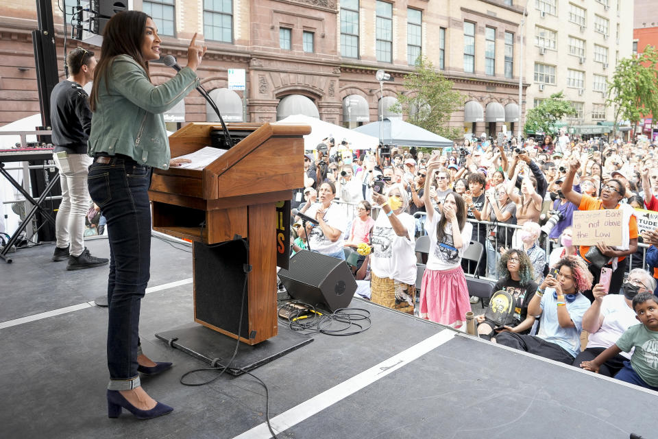 Congresswoman Alexandria Ocasio-Cortez (D-N.Y) speaks at a rally to end the use of fossil fuels, in New York, Sunday, Sept. 17, 2023. (AP Photo / Bryan Woolston)