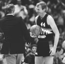 FILE - Denver Nuggets' Dan Issel holds the game ball and is all smiles after scoring his 26,000th NBA career point against the Golden State Warriors in an NBA basketball game in Oakland, Tuesday, Feb. 21, 1984. Now, with the Nuggets the top-seed in the Western Conference, Denver has never seemed to be mistaken for much beyond an NBA novelty. And if there really is gold at the end of all those rainbows, a real Nuggets fan will have to see it to believe it. (AP Photo/Eric Risberg, File)