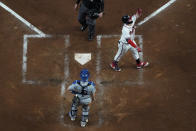 Atlanta Braves' Joc Pederson celebrates after hitting a two-run home run during the fourth inning in Game 2 of baseball's National League Championship Series against the Los Angeles Dodgers Sunday, Oct. 17, 2021, in Atlanta. (AP Photo/Brynn Anderson)