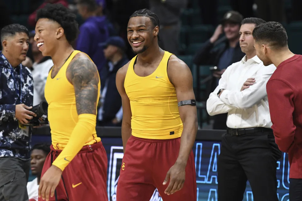 Southern California guard Bronny James warms up before an NCAA college basketball game against Gonzaga Saturday, Dec. 2, 2023, in Las Vegas. (AP Photo/Sam Morris)