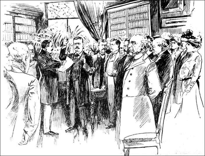 <p>Vice President Theodore Roosevelt takes the oath of office of president in the Ansley Wilcox Mansion in Buffalo, N.Y., on Sept. 14, 1901, after the assassination of William McKinley. Roosevelt was the fifth vice president to assume the presidency upon the death of the president. (Photo: Nashville News/Wikipedia) </p>