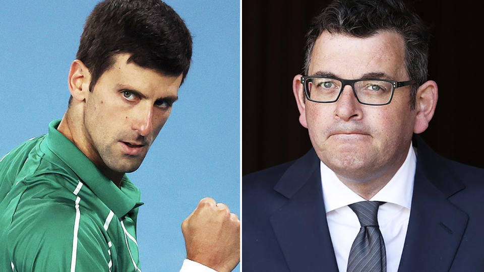 Daniel Andrews and Novak Djokovic, pictured here in Melbourne.