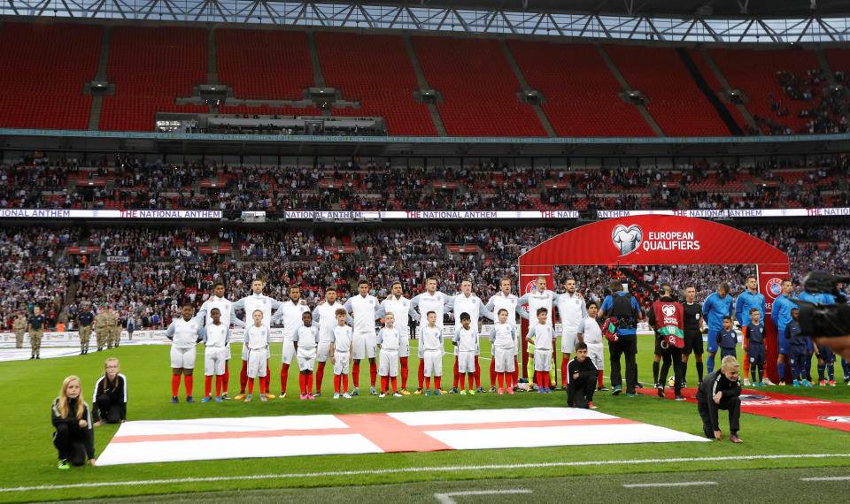 <p>Soccer Football – 2018 World Cup Qualifications – Europe – England vs Slovakia – London, Britain – September 4, 2017 England line up before the match REUTERS/Darren Staples </p>