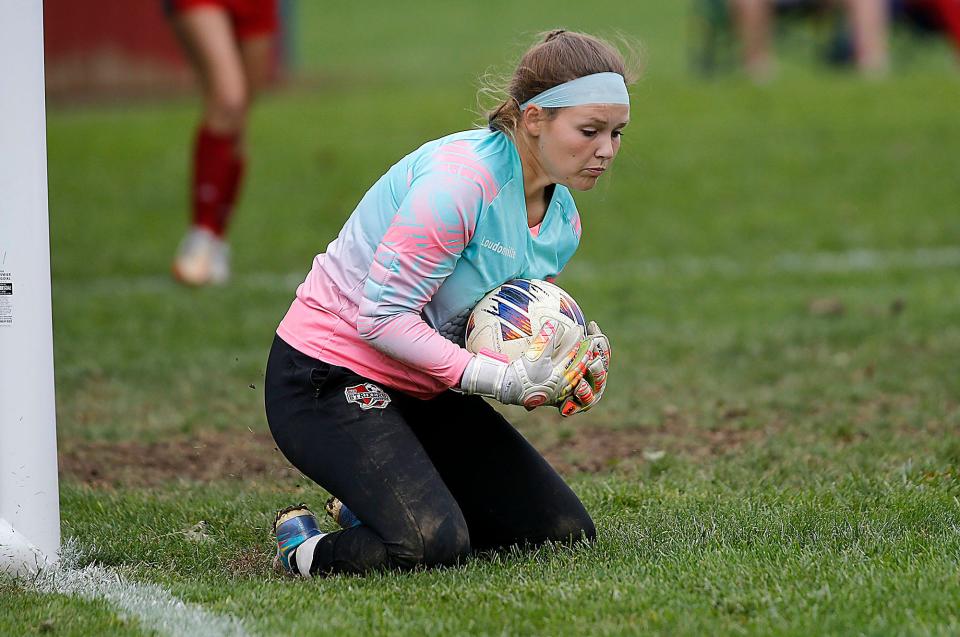 Loudonville High School's keeper Zoey Eades stops a Northwestern High School shot during high school girls soccer action in Loudonville Thursday, Sept. 29, 2022. TOM E. PUSKAR/ASHLAND TIMES-GAZETTE