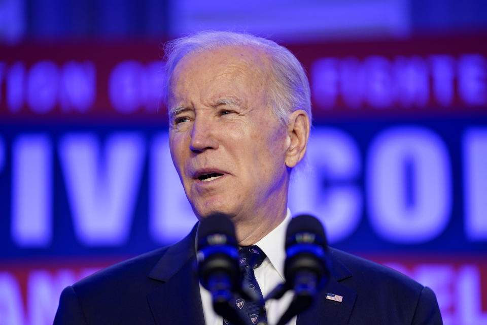 President Joe Biden delivers remarks to the 2023 International Association of Fire Fighters Legislative Conference, Monday, March 6, 2023, in Washington. (AP Photo/Evan Vucci)