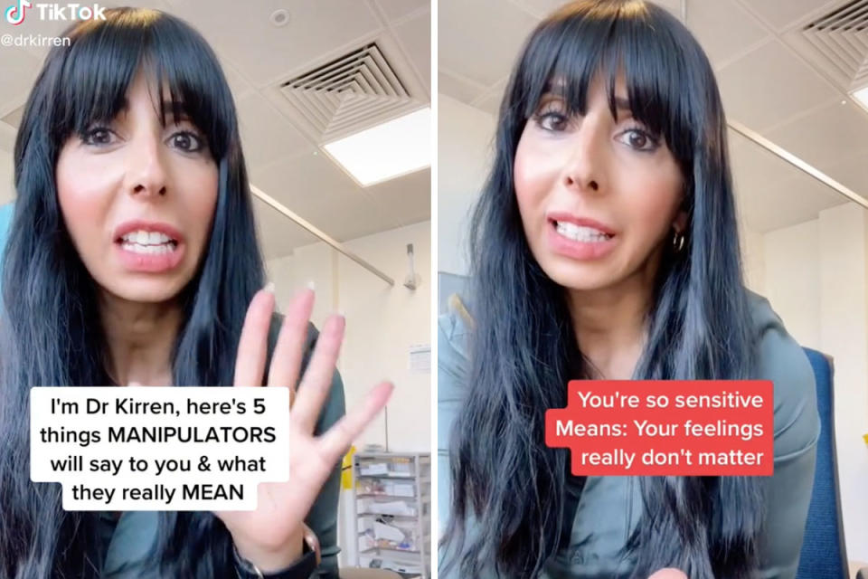 Two screenshots of Dr Kirren speaking on TikTok, on the left the text says 'I'm Dr Kirren, here's 5 things manipulators will say to you & what they really mean