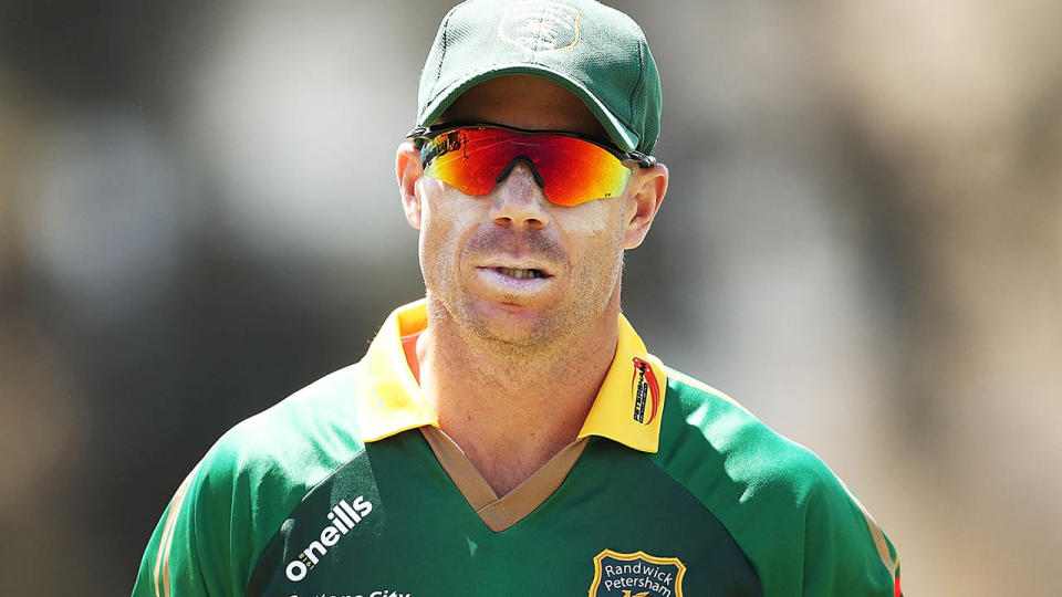 David Warner of Randwick-Petersham fields during a Sydney Grade Cricket match. (Photo by Mark Metcalfe/Getty Images)