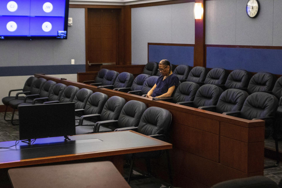 Nathan Chasing Horse sits alone during a court hearing on Wednesday, April 5, 2023, in Las Vegas. The former “Dances With Wolves” actor accused of sexually abusing Indigenous women and girls in the U.S. and Canada for decades has asked a Nevada judge to toss out a sweeping indictment against him in state court, claiming two women identified as victims in the Las Vegas area wanted to have sex with him. (AP Photo/Ty O'Neil)