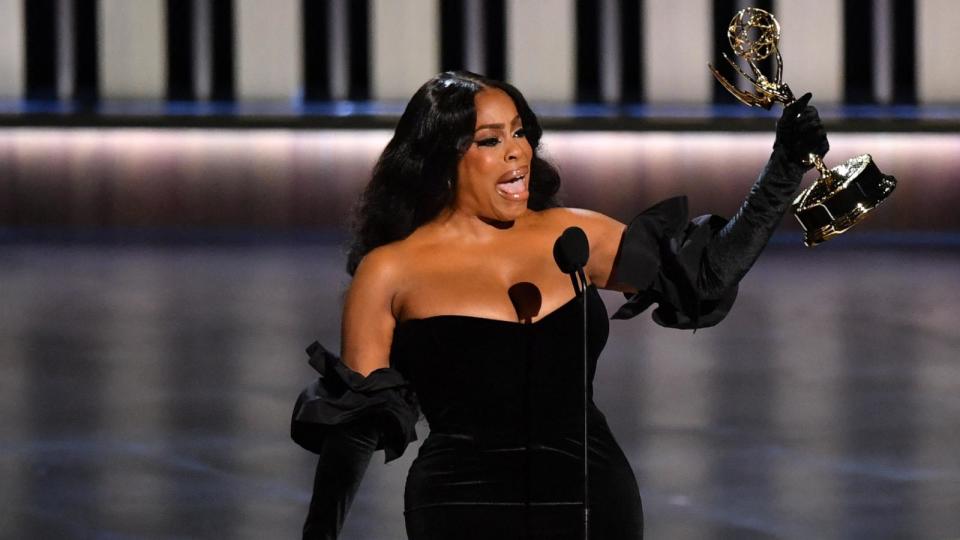 PHOTO: Outstanding Supporting Actress in a Limited/Anthology Series or Movie Niecy Nash-Betts speaks onstage during the 75th Emmy Awards at the Peacock Theatre in Los Angeles, Jan. 15, 2024.  (Valerie Macon/AFP via Getty Images)