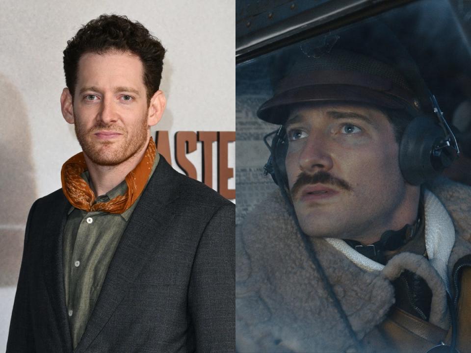 Sawyer Spielberg at the "Masters Of The Air" UK Premiere at Picturehouse Central in London, and as Lt. Roy Frank Claytor in "Masters of the Air."