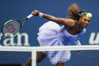 <p>TOPSHOT – Serena Williams of the US hits a return to Anastasija Sevastova of Latvia during their Women’s Singles Semi-Finals match at the 2018 US Open at the USTA Billie Jean King National Tennis Center in New York on September 6, 2018. (Photo by EDUARDO MUNOZ ALVAREZ / AFP) (Photo credit should read EDUARDO MUNOZ ALVAREZ/AFP/Getty Images) </p>