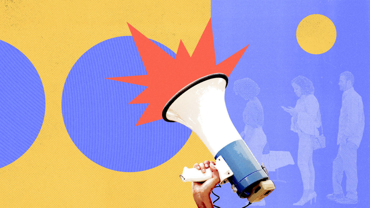 graphic of a hand holding an airhorn to the sky with a colorful background