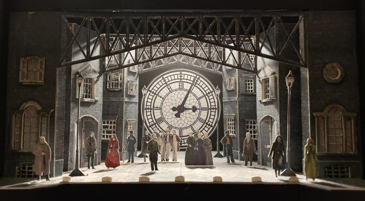 Wilson Chin’s design for the Playhouse in the Park’s new production of “A Christmas Carol” is anchored by a monumental clock at the center of the stage. The show opens on Nov. 30, with preview performances beginning Nov. 24.