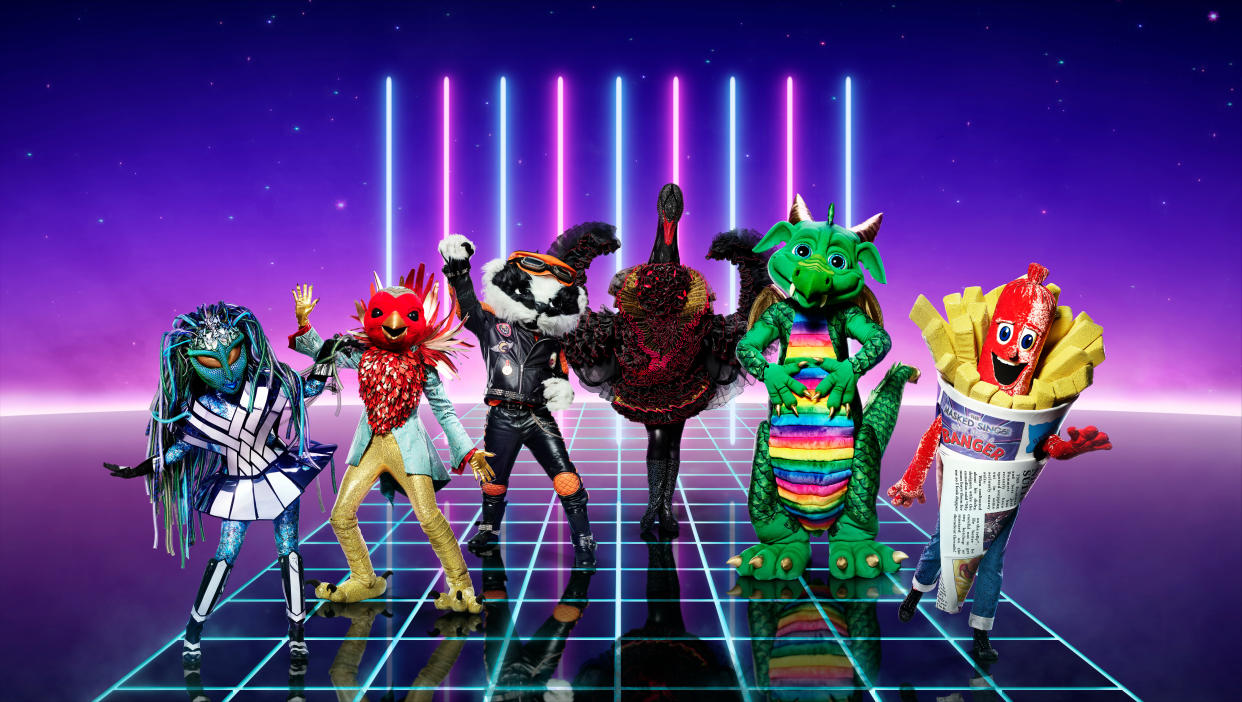 Editorial use only  Mandatory Credit: Photo by ITV/Vincent Dolman/Shutterstock (11112942c)  Alien, Robin, Badger, Swan, Dragon and Sausage [all appearing in Ep1].  'The Masked Singer' TV Show, Series 2, UK - 26 Dec 2020