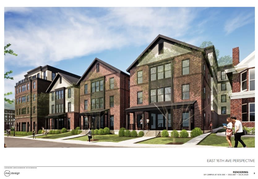 A digital rendering of townhouses on East 16th Avenue as part of a proposed apartment complex on the site of Summit United Methodist Church. (Photo Courtesy/MA Design and UP Campus Properties via University Impact District Review Board)