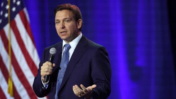 PHOTO: Florida Gov. Ron DeSantis speaks to Iowa voters gathered at the Iowa State Fairgrounds, March 10, 2023, in Des Moines, Iowa. (Scott Olson/Getty Images)