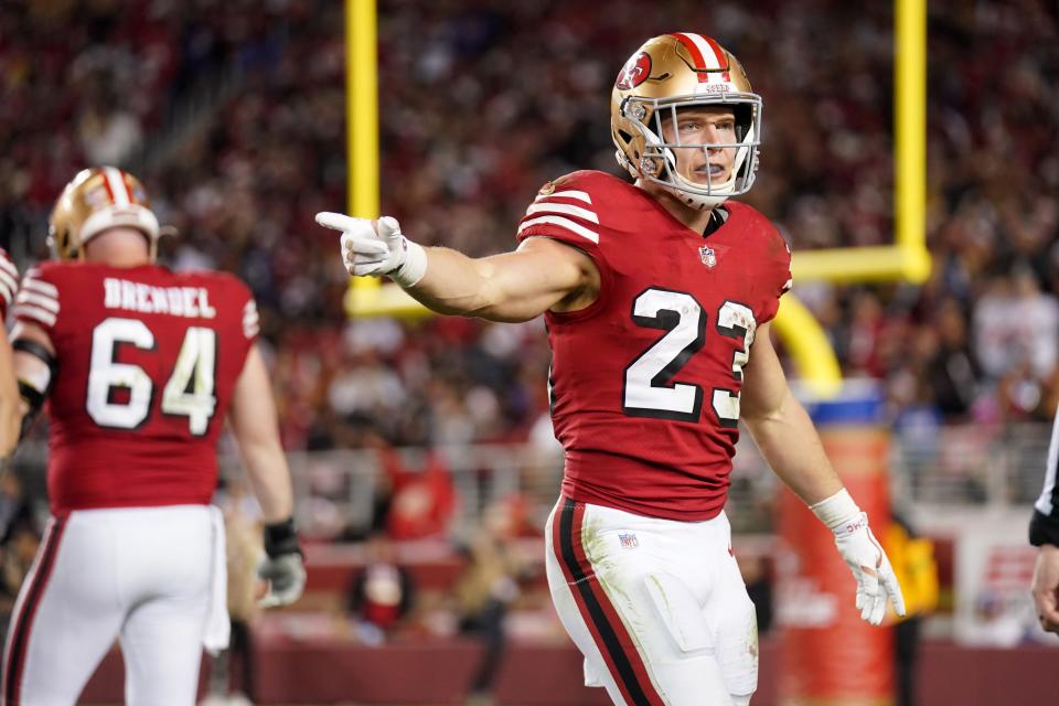 San Francisco 49ers running back Christian McCaffrey (23) reacts after a play against the Baltimore Ravens in the third quarter at Levi's Stadium.