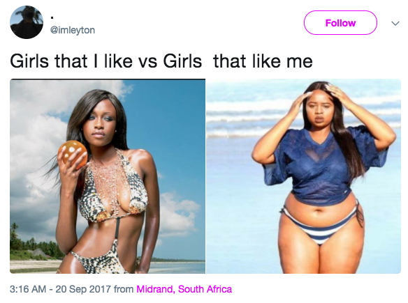 The body shamer compared another model to Lesego in their rude meme. Photo: Twitter