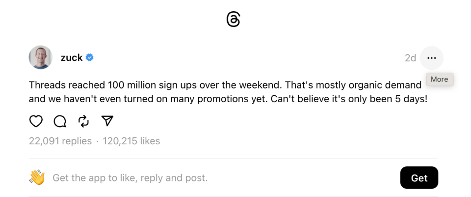 Mark Zuckerberg says Threads had 100 million sign ups in 5 days. (Image: Threads)