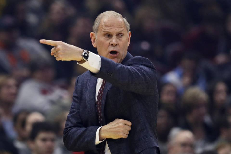 Cleveland Cavaliers head coach John Beilein yells instructions to players in the first half of an NBA basketball game against the Charlotte Hornets, Thursday, Jan. 2, 2020, in Cleveland. (AP Photo/Tony Dejak)