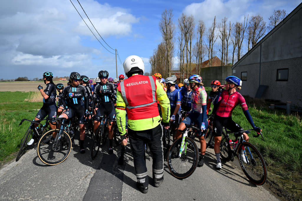  The peloton stops because the race has been neutralised after the accident in the 6th Exterioo Women's Classic Brugge-De Panne 2023  