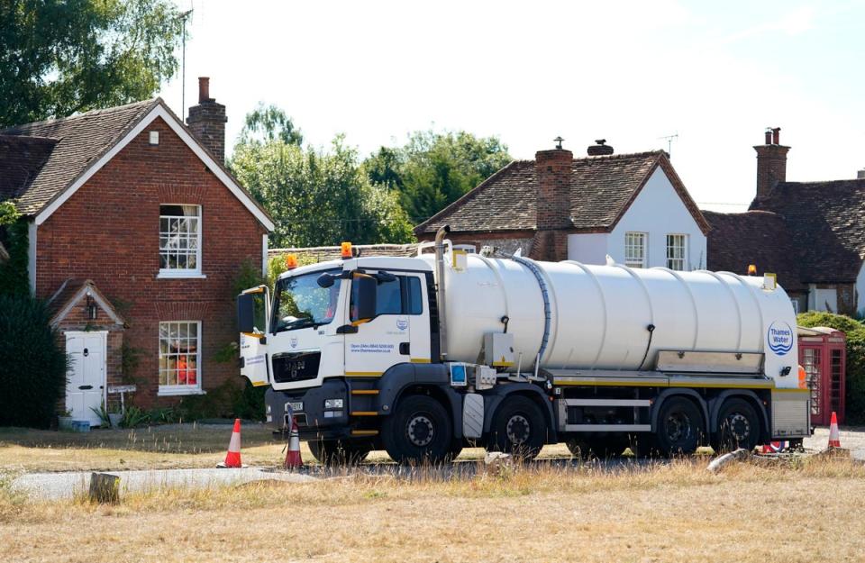 10 August 2022: A tanker from Thames Water delivers a temporary water supply to the village of Northend in Oxfordshire, where the water company is pumping water into the supply network following a technical issue at Stokenchurch Reservoir (PA)