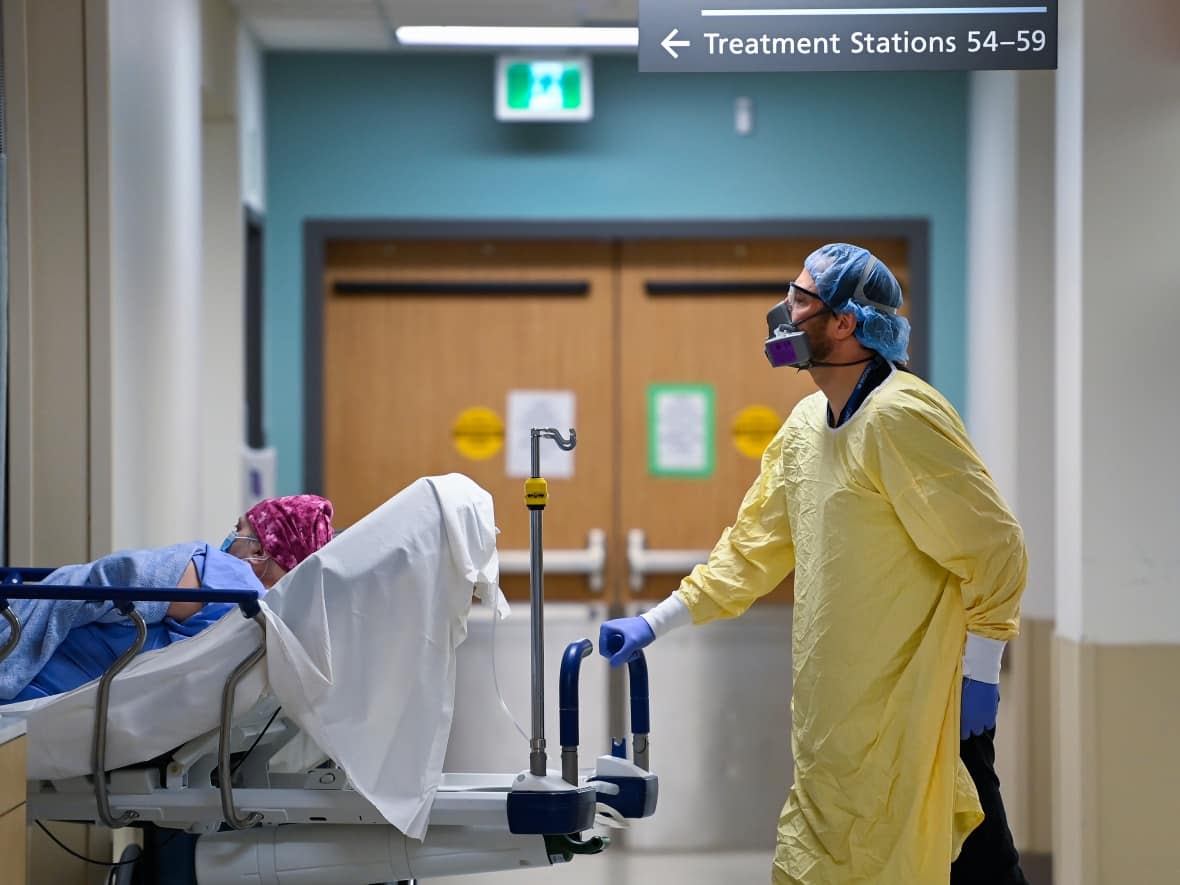 A health-care worker transports a patient in the dialysis unit at Toronto's Humber River Hospital. The hospital was the target of a ransomware attack this June. The Communications Security Establishment (CSE), a Canadian cyber spy agency, warns attacks like it will likely continue.  (Nathan Denette/The Canadian Press - image credit)