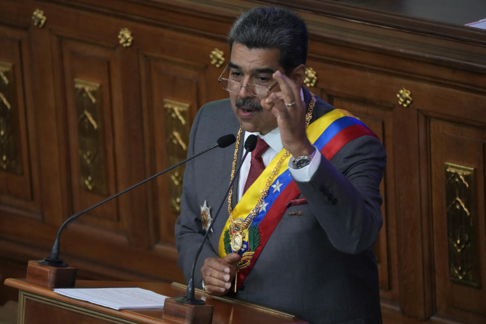 Venezuelan President Nicolas Maduro delivers his annual address at the National Assembly in Caracas, Venezuela, Monday, Jan. 15, 2024. (AP Photo/Ariana Cubillos)