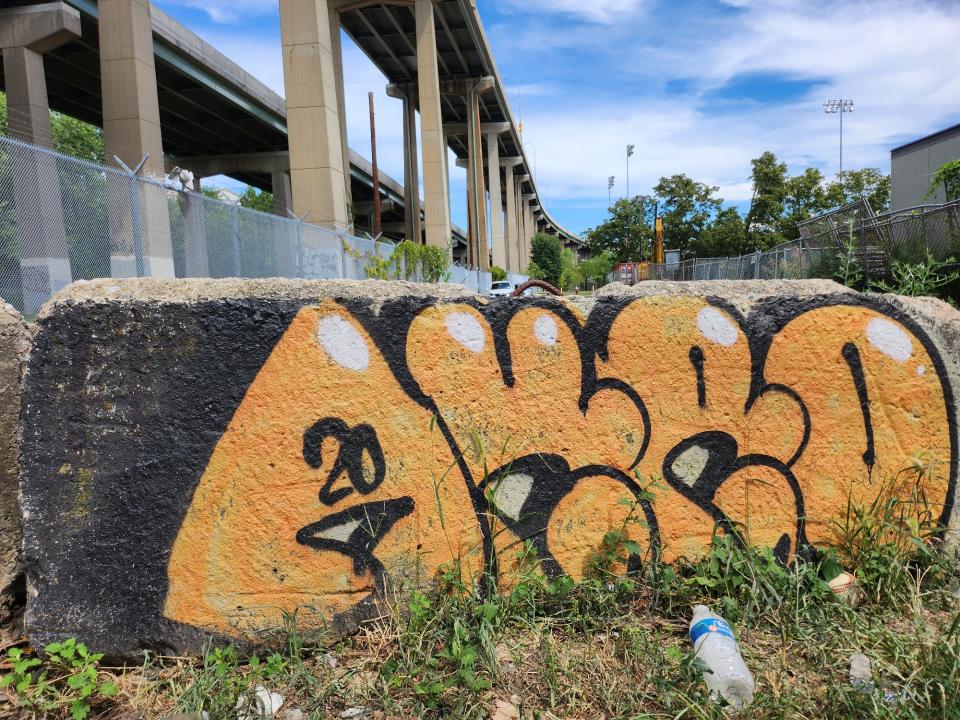 <p>A picture taken with the Galaxy Z Flip 4 showing a wall with orange graffiti spray painted on it, with a highway and some trees in the background.</p>
