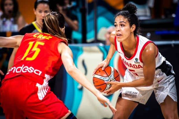 Canada's Kia Nurse, right, will take on more of a leadership role during her second Olympic appearance as the team prepares to head to Tokyo 2020. (Vianney Thibaut/Canada Basketball - image credit)