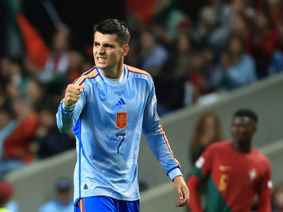 Alvaro Morata pumps his fist in celebration during a Spain soccer match.