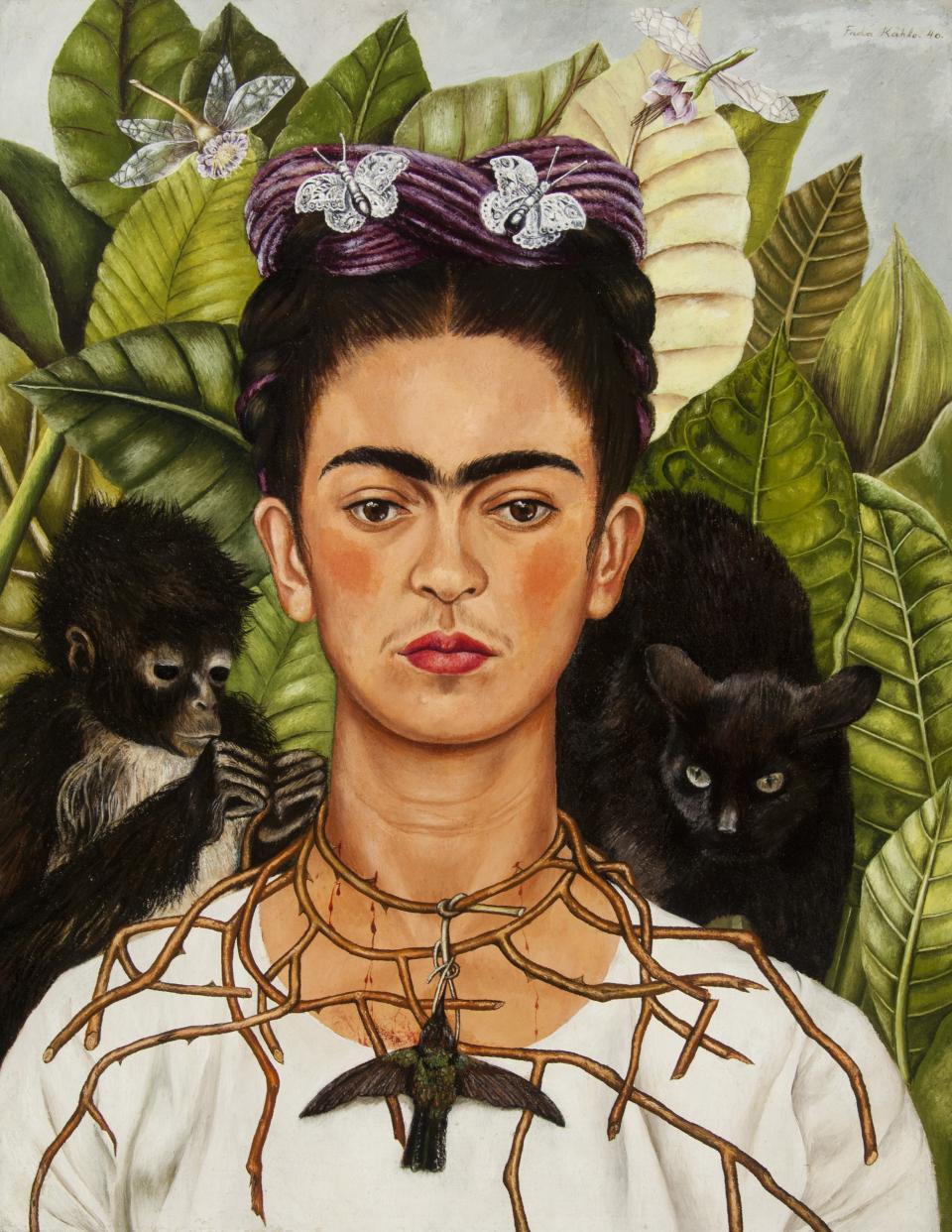 Self‑Portrait with Hummingbird and Thorn by Frida Kahlo. On view at the MFA, Boston.