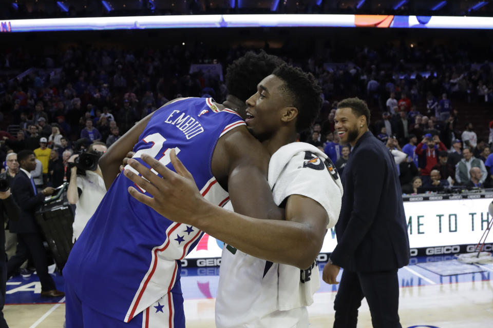 See, Joel Embiid and Donovan Mitchell made up after the game. (AP)