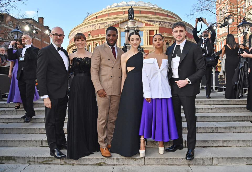 LONDON, ENGLAND - APRIL 02: (L to R) Lee Curran, Director Rebecca Frecknall, Dwane Walcott, Patsy Ferran, Anjana Vasan and Paul Mescal attend The Olivier Awards 2023 at Royal Albert Hall on April 2, 2023 in London, England. (Photo by Dave Benett/Getty Images)