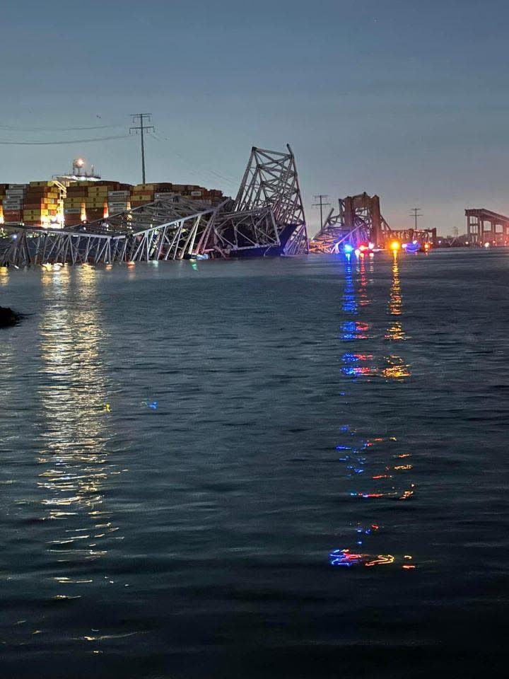 A view of the collapsed Francis Scott Key Bridge in Baltimore on March 26, 2024, shared by local rescue services.