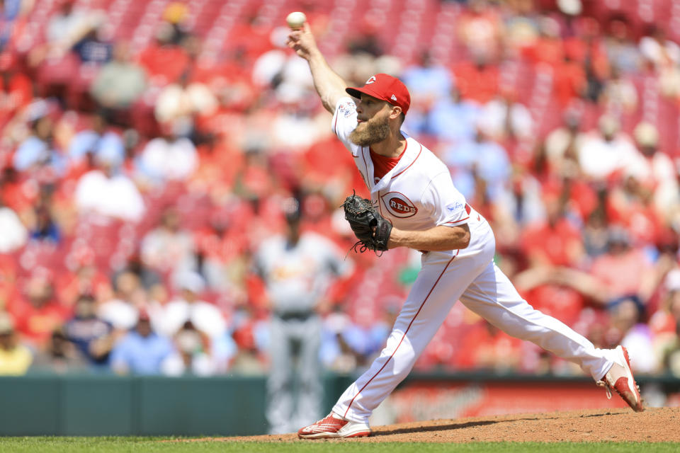 Cincinnati Reds' Alan Busenitz throws during the ninth inning of a baseball game against the St. Louis Cardinals in Cincinnati, Thursday, May 25, 2023. (AP Photo/Aaron Doster)