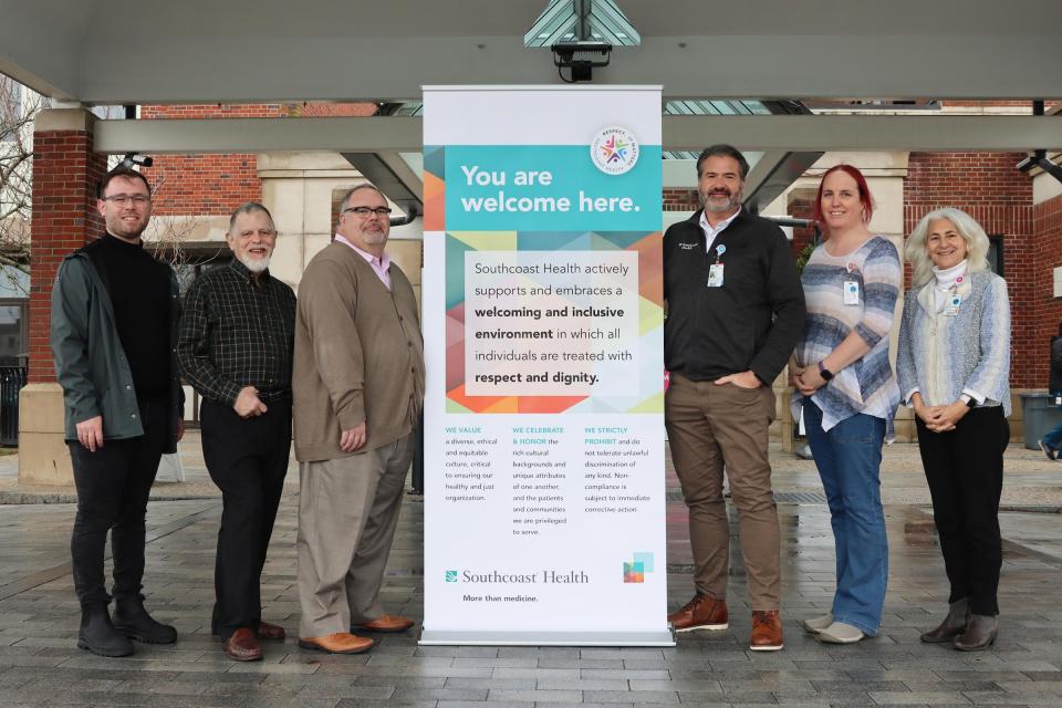 Members of Southcoast Health's Patient Family Advisory Council stand with Pride Southcoast Employee Resource Group seen from left are Jacob Miller, Michel Jodoin, Den Demarinis, Chuck Cusson and Barbara Schmidt.