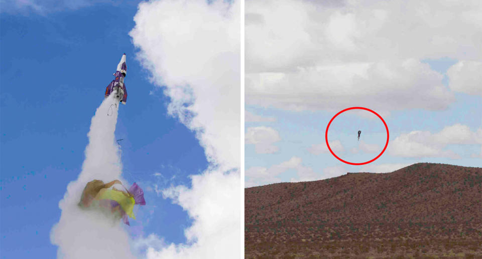 Almost immediately after take-off, the parachute broke away from the rocket. Source: AAP